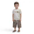 Mini & Mama beige cotton blend t-shirt and cargo shorts set for boys with repeating Louis Vuitton logo print and embroidered LV logo.
