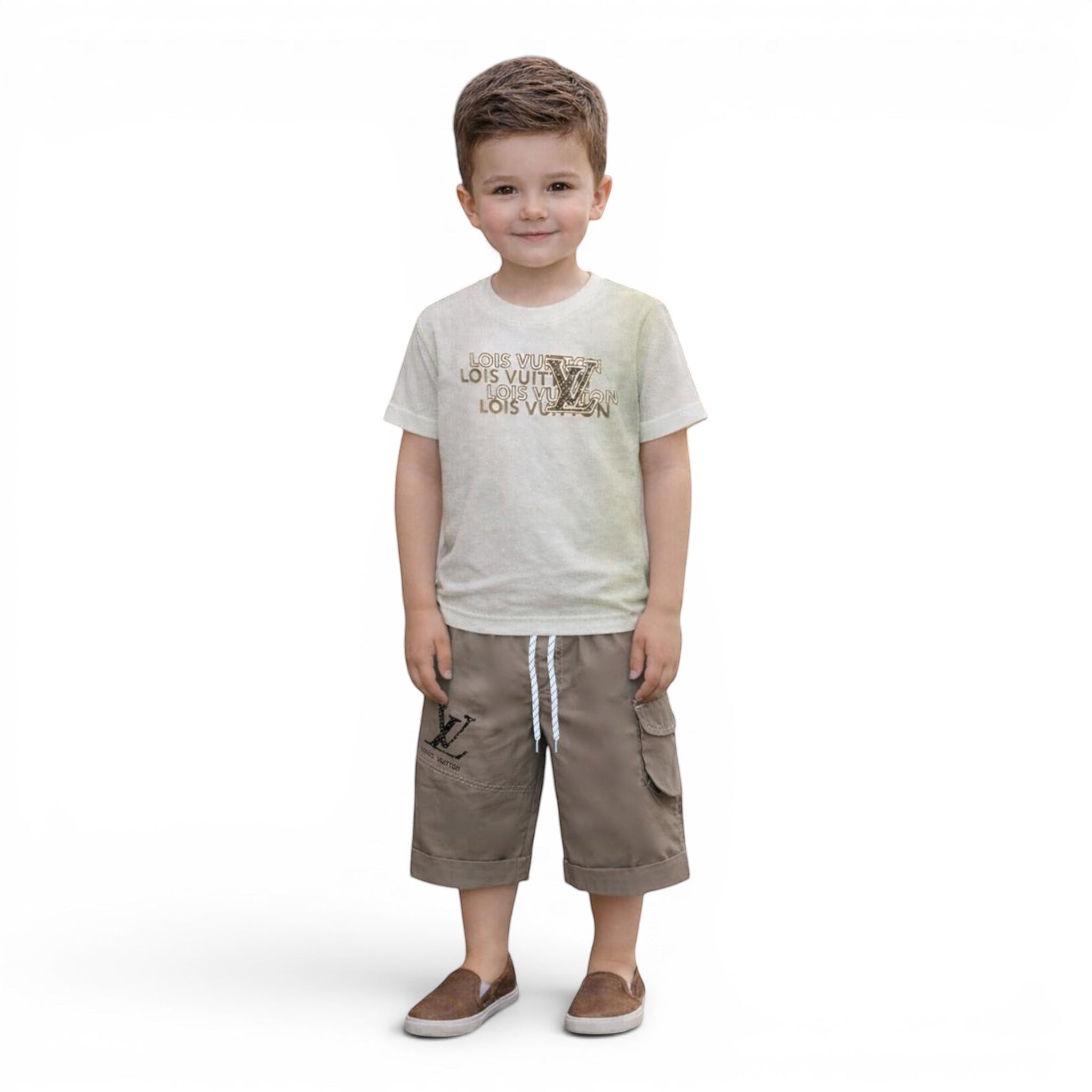 Mini & Mama beige cotton blend t-shirt and cargo shorts set for boys with repeating Louis Vuitton logo print and embroidered LV logo.