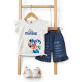 Mini & Mama toddler girls white graphic tee with Minnie Mouse and denim shorts with polka dots. Ruffled sleeves and hems.