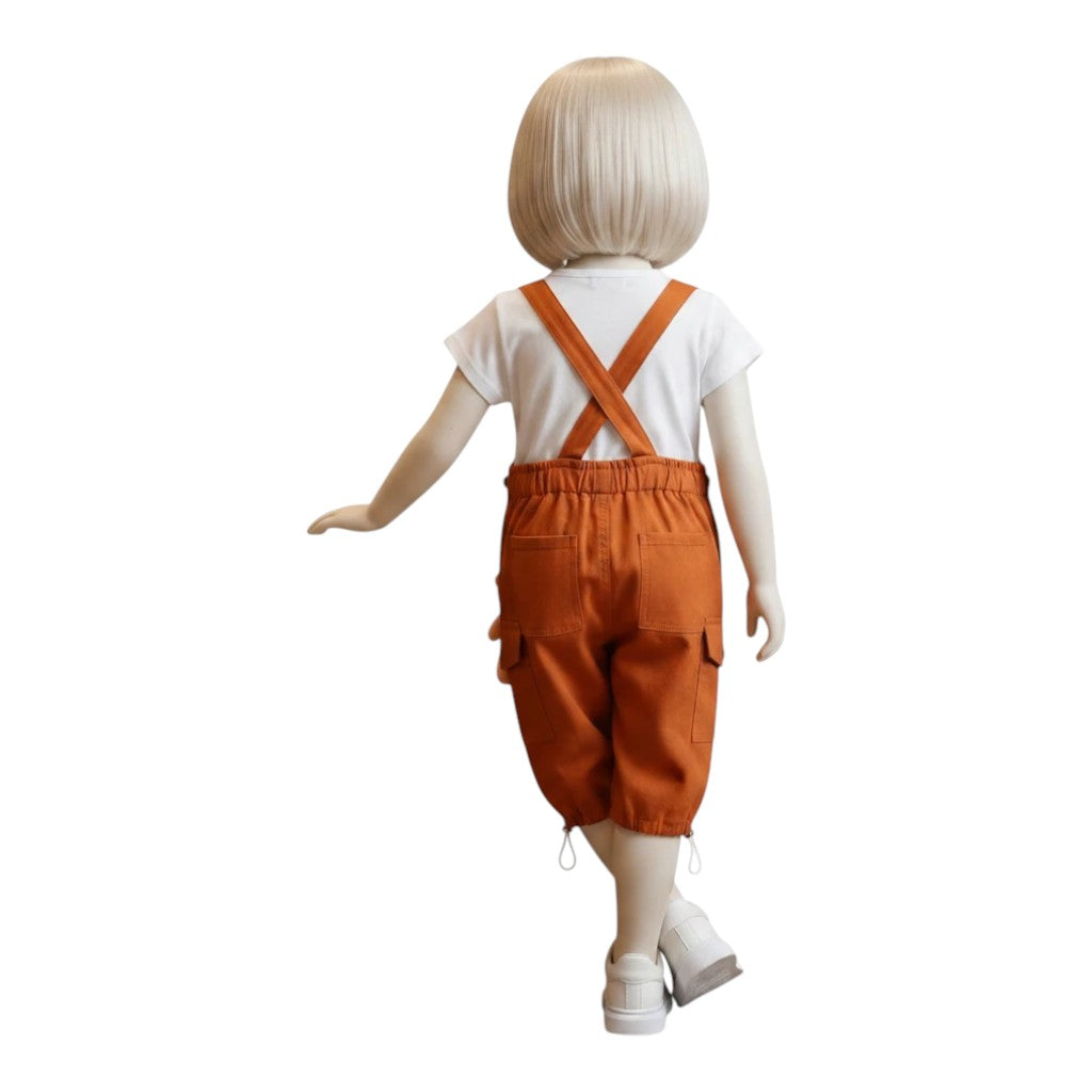 Mini & Mama children's orange overalls with cargo pockets and adjustable straps, featuring a teddy bear charm.