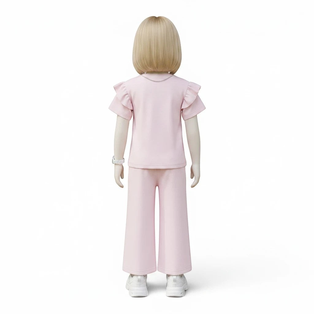 Mini & Mama pink ruffle sleeve top and wide leg pants set for girls. Comfortable and stylish outfit.