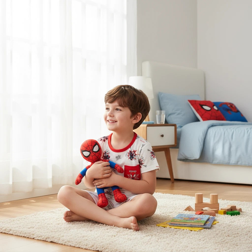 Mini & Mama boys' Spider-Man pajama set with all-over mask and web print. White tee with red trim, chest pocket, and matching shorts.