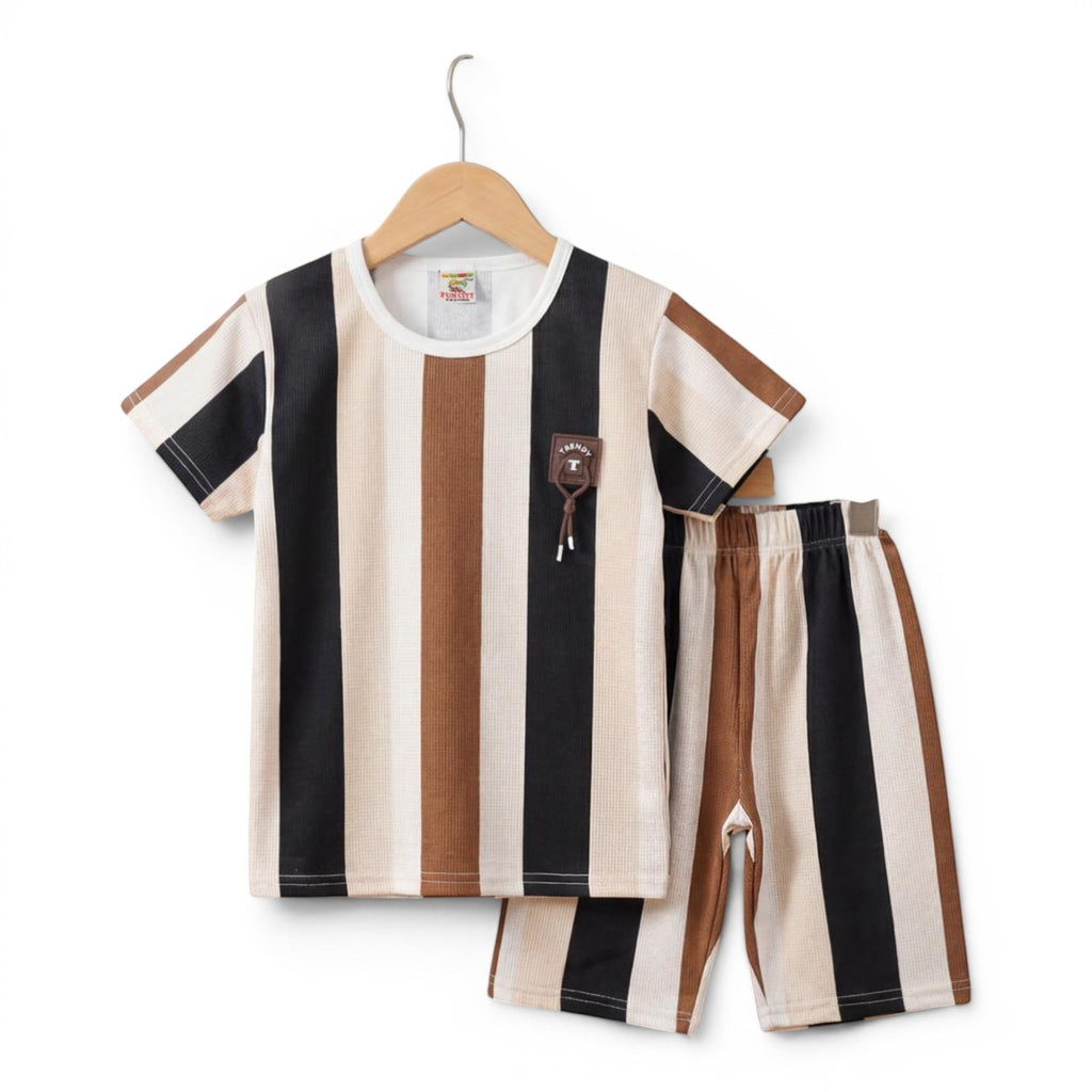 Mini & Mama kids' striped t-shirt and shorts set in brown, beige, and black. Short-sleeved tee with emblem, elastic waist shorts.