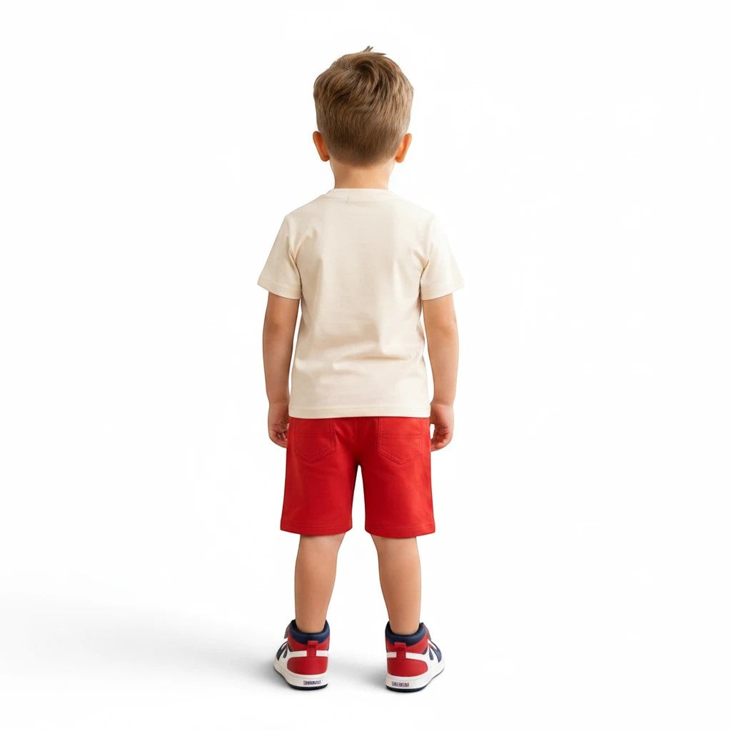 Mini & Mama toddler boys cream t-shirt and red shorts set with bear graphic. Soft, breathable fabric for comfort.