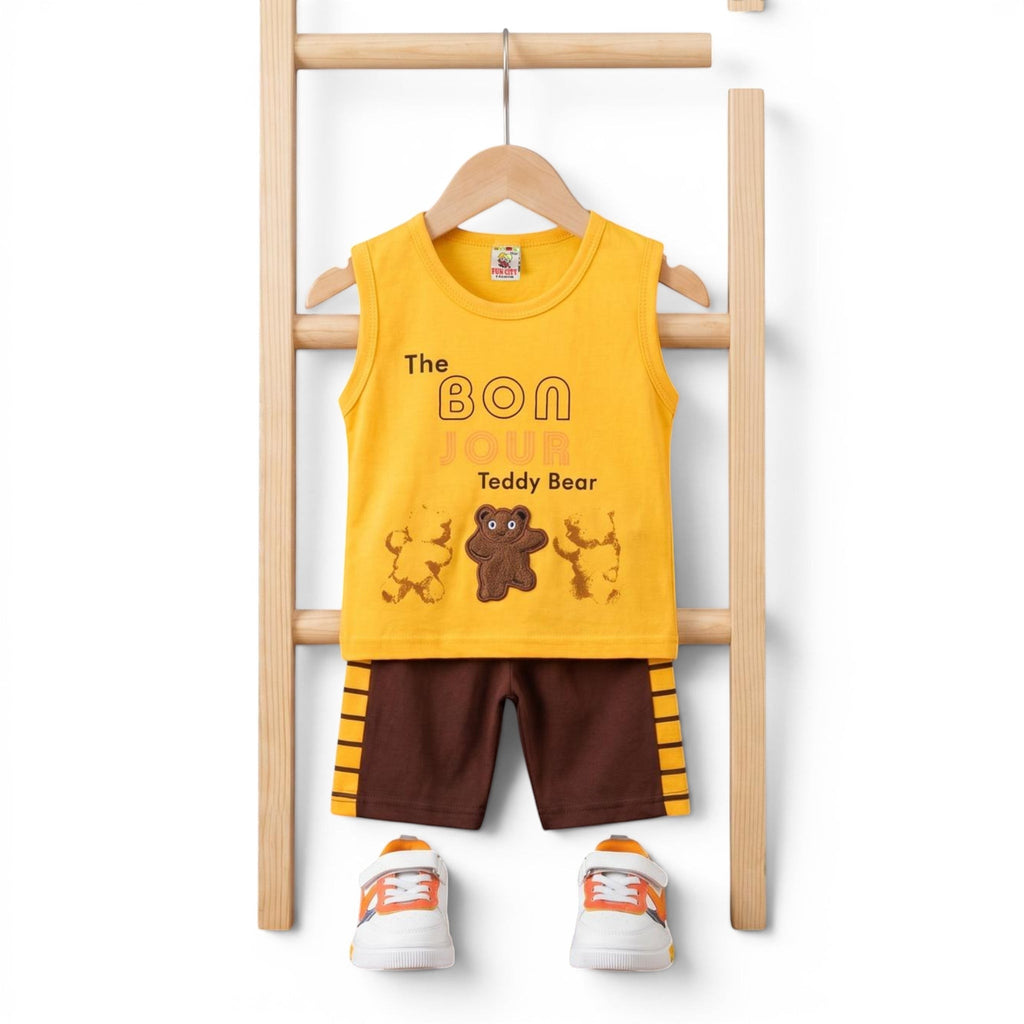 Mini & Mama Toddler Boys yellow tank top with teddy bear graphic and brown shorts with striped sides.