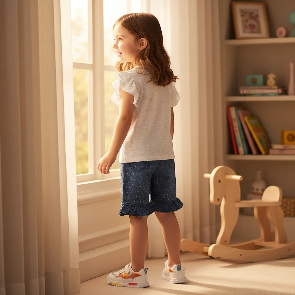 Mini & Mama toddler girls white graphic tee with ruffled sleeves and polka dot denim shorts with ruffled hems.