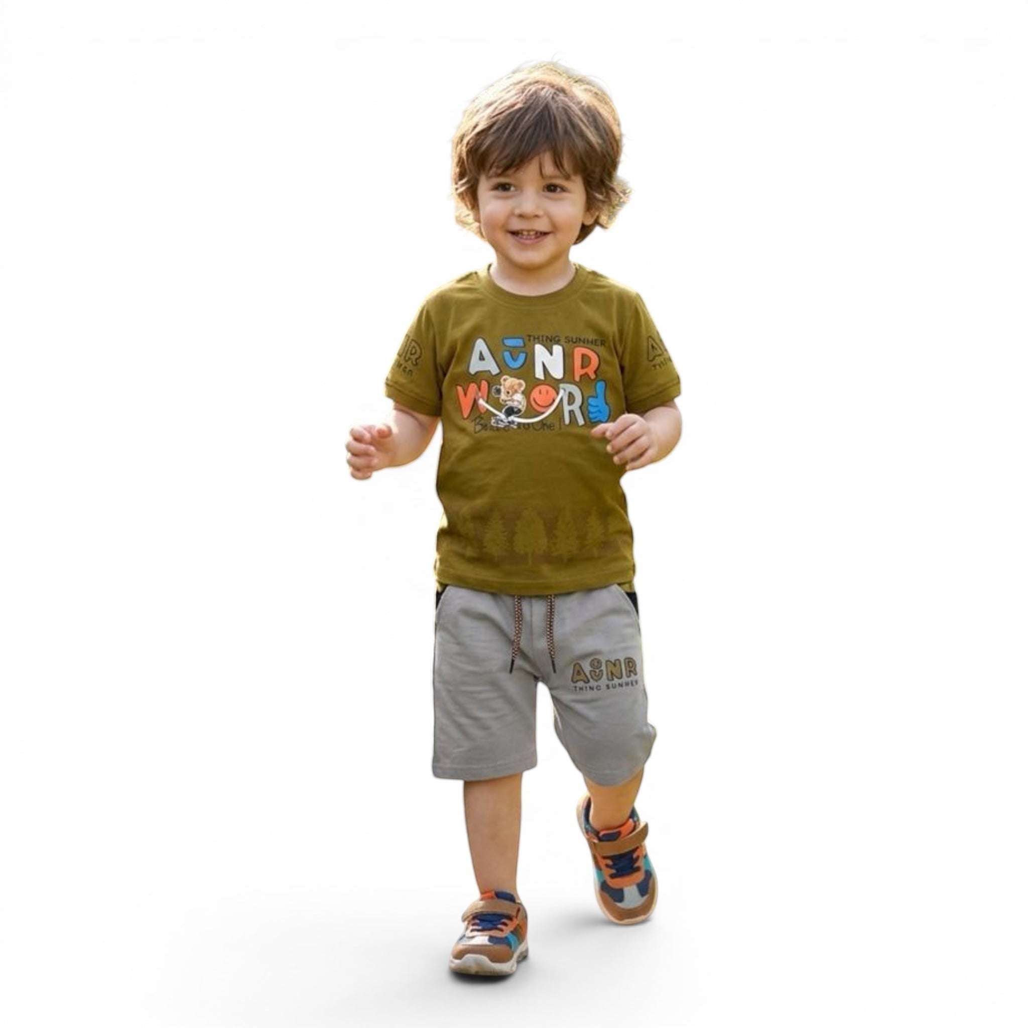 Mini & Mama Toddler Boy Graphic T-Shirt and Shorts Set in olive green cotton with grey shorts. Features playful lettering and graphics.