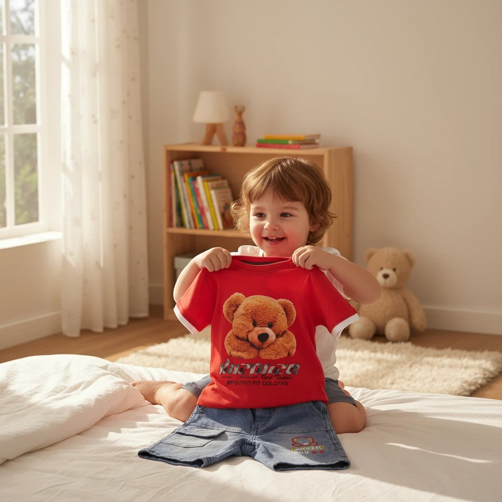 Mini & Mama toddler boys red t-shirt with teddy bear graphic and denim shorts set. White sleeve trim.