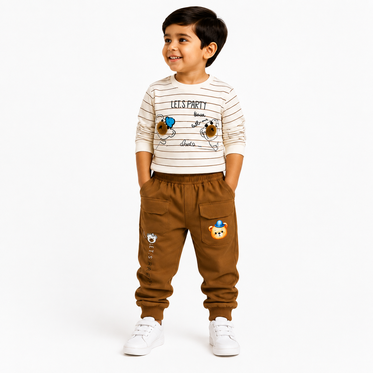 Boys 2-Piece Bear Print Outfit Set – Striped Sweatshirt & Cargo Pants 01